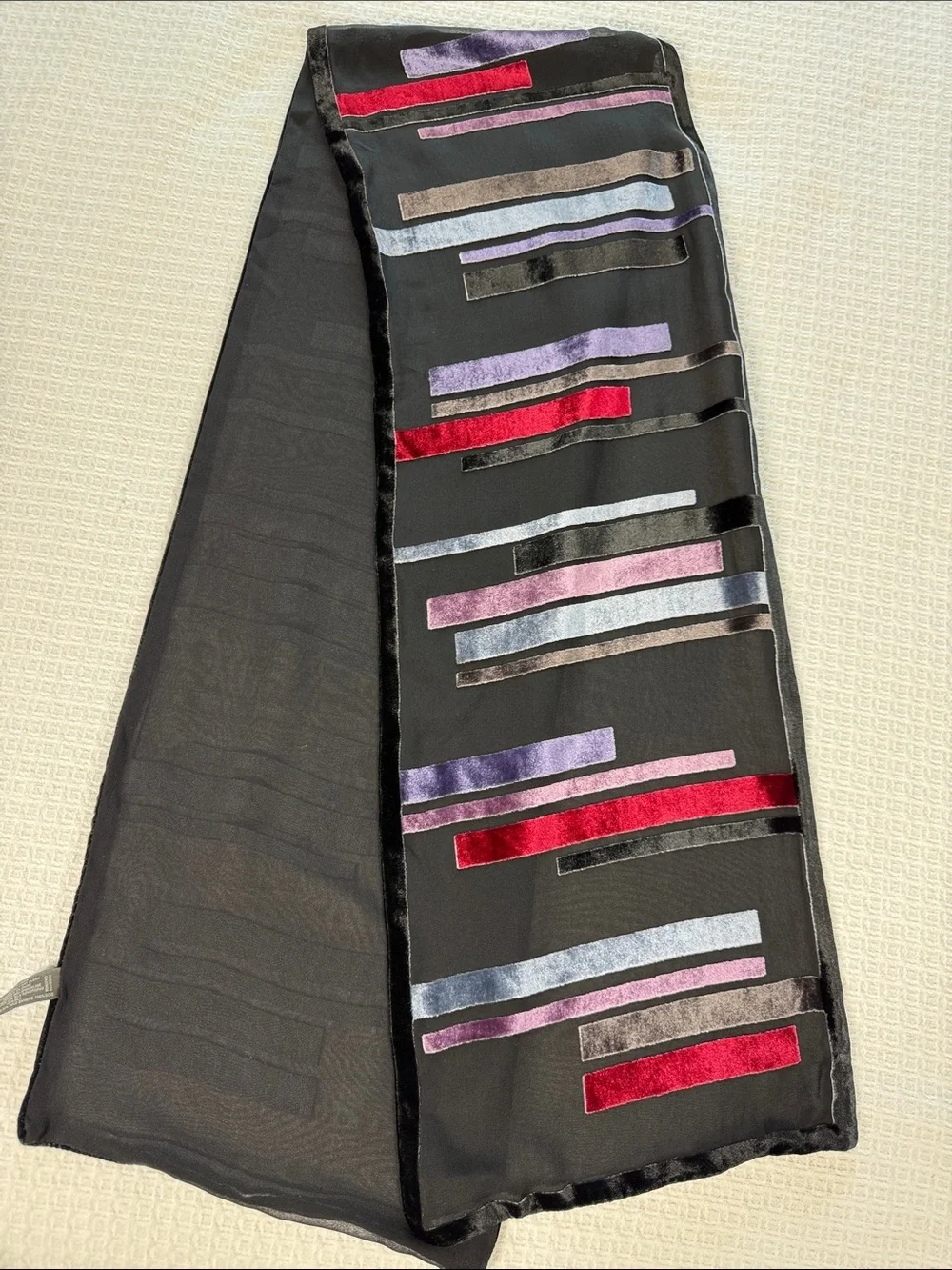 Echo black silk velvet burnout scarf with colorblock stripes - Picture 2 of 5